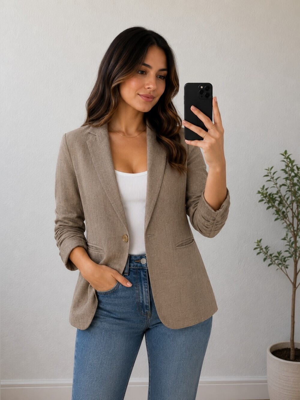 Michael Michael Kors Beige/Brown Linen Ruched 3/4 Sleeve Blazer Jacket Size 6